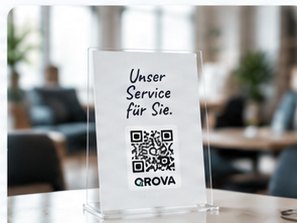 Aufsteller mit QR-Code im Empfangsbereich eines Dienstleisters